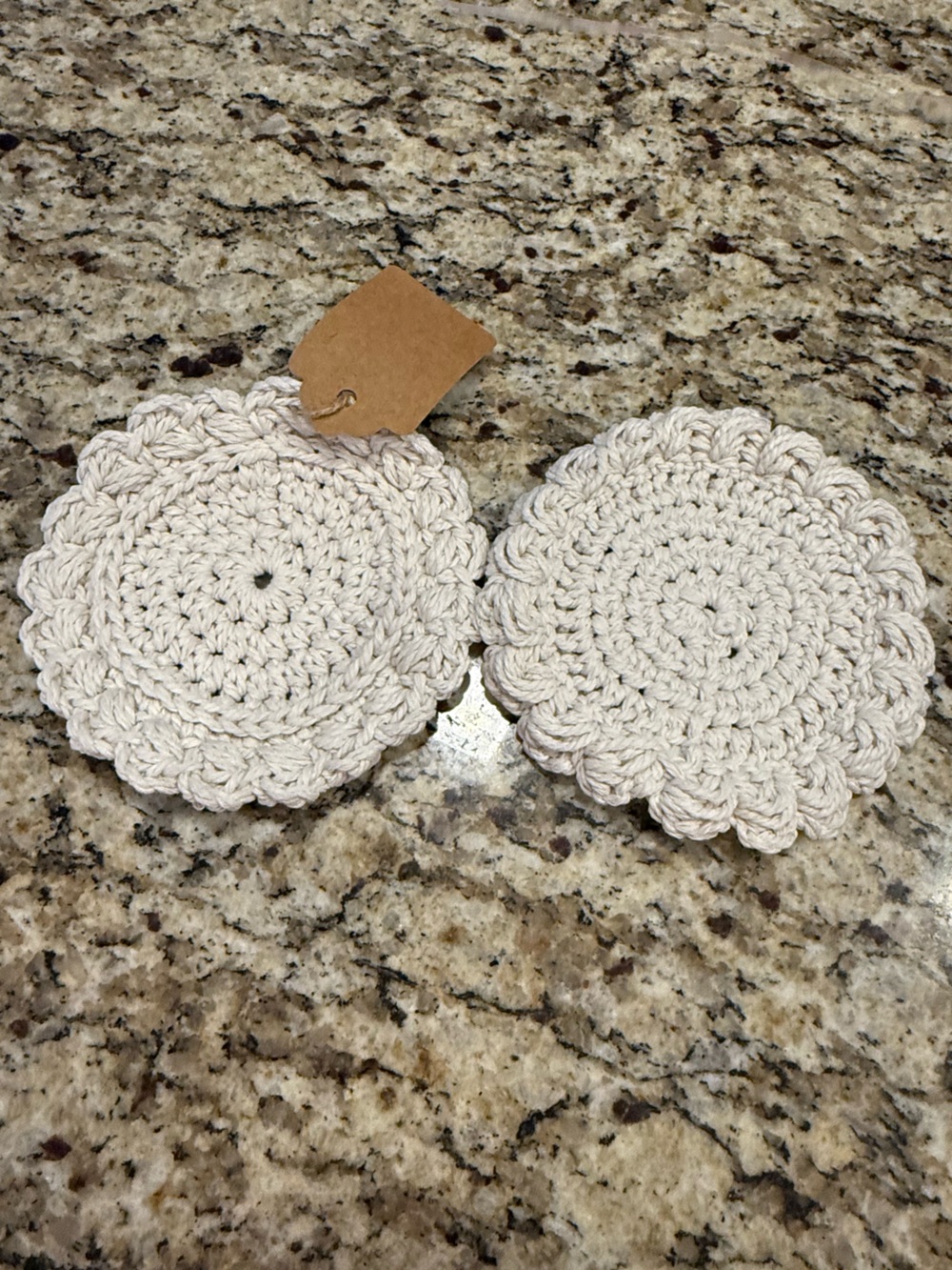 Crochet coaster set of two off white coasters.